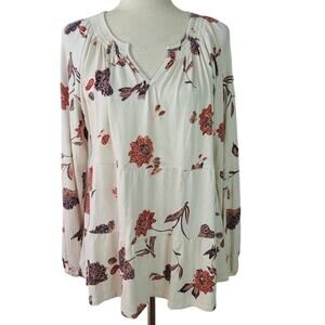 Wonderly Cream Peach Coral Floral Long Sleeve V Neck Top Shirt Boho NEW P L